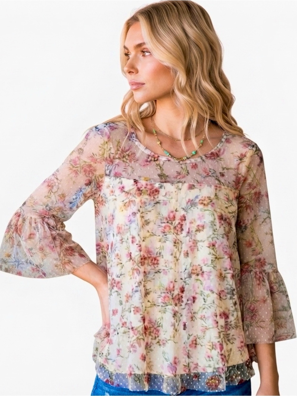 ANGIE Cottage Floral Blouse Pink Top Lace Bell Sleeve Blouse Women’s Small Shirt